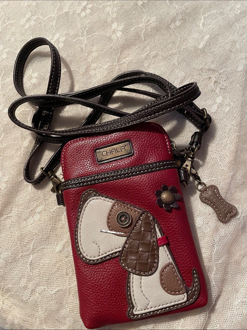 Chala Red Crossbody Phone Pouch with Dog Applique